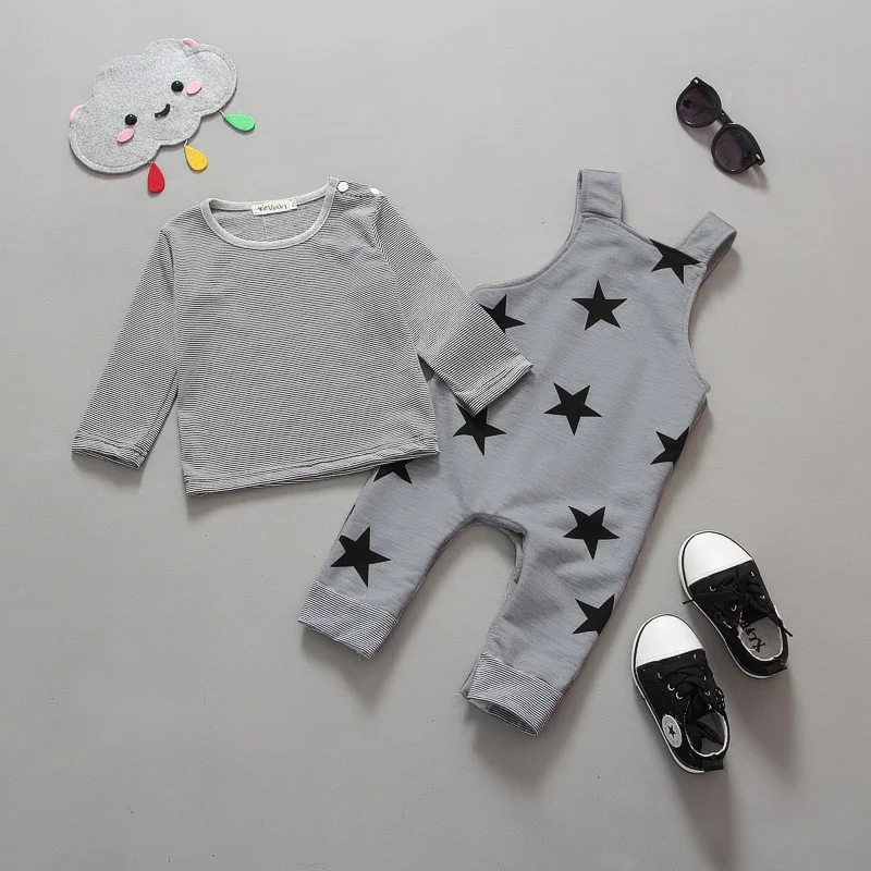 2016 baby girls boys O neck clothing sets 2colors Long sleeve t shirt stars pant font