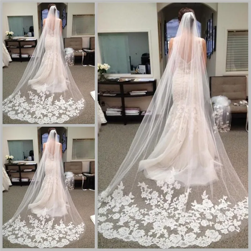

Romantic Long White Ivory Bridal Veils Soft Tulle Wedding Veils With 3 Row Appliques Luxry Wedding Accessories Veu De Noiva