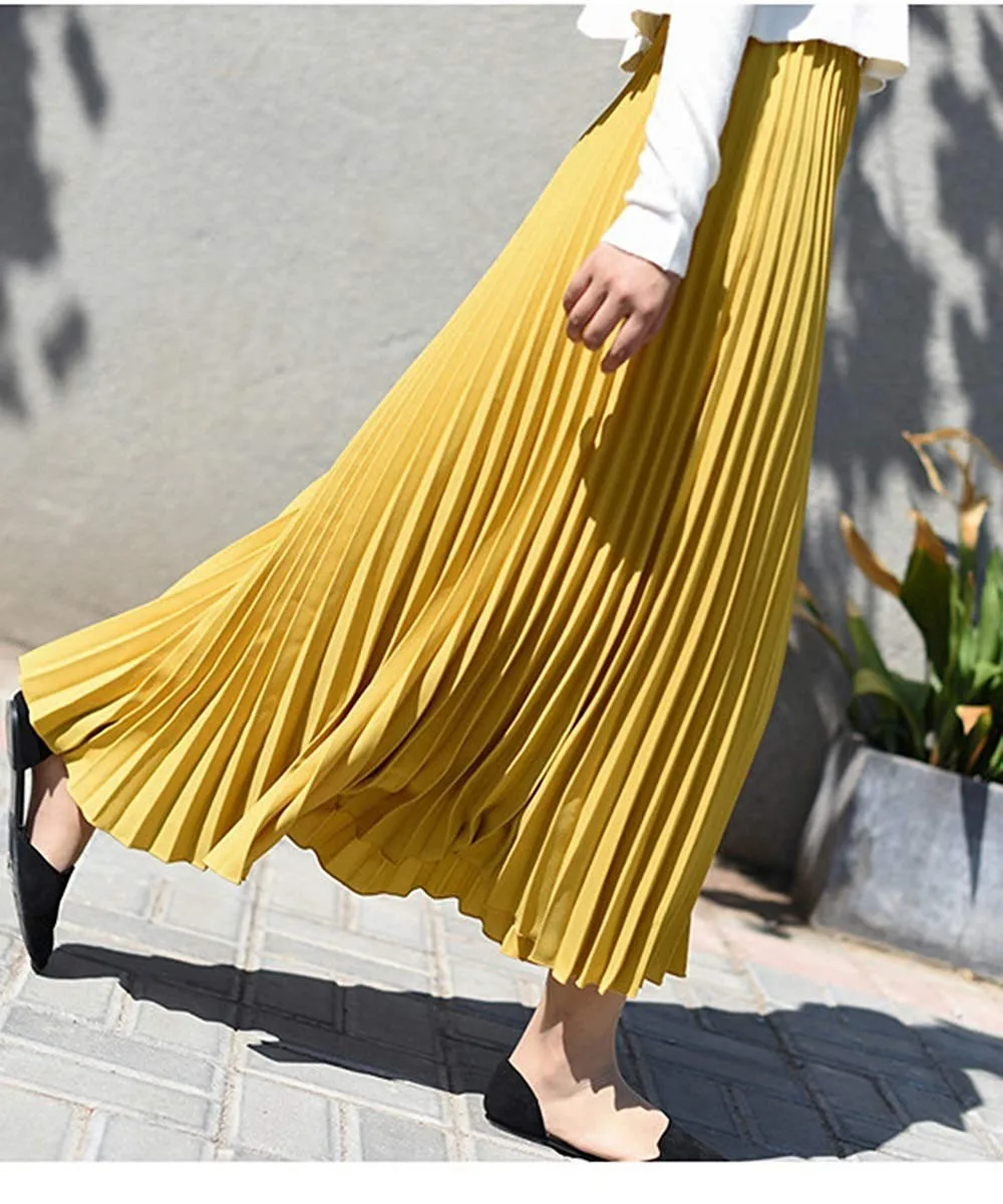 

2019 Hot Summer Womens Solid Pleated Elegant Elastic Waist Maxi Skirt Fashion Ladies Holiday Beach Skirts faldas mujer moda Wd4