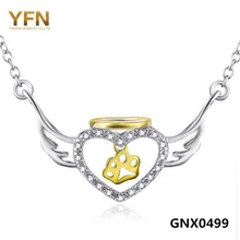 Gnx0499 genuino 925 collar de plata para joyas CZ Crystal alas del ángel del corazón encantos pata del perro collar de 18 pulgadas