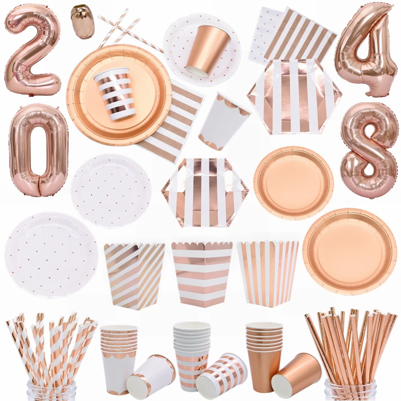 

Rose Gold Disposable Tableware Cup Plate Straw Napkin for Wedding Birthday Party Supply Baby Shower Number Balloon Decoration 95
