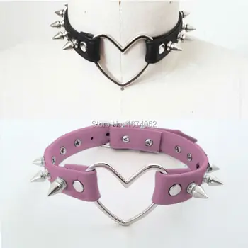 

Punk Harajuku Cosplay Spikes Large Heart Choker, 100% handcrafted Leather Collar Necklace