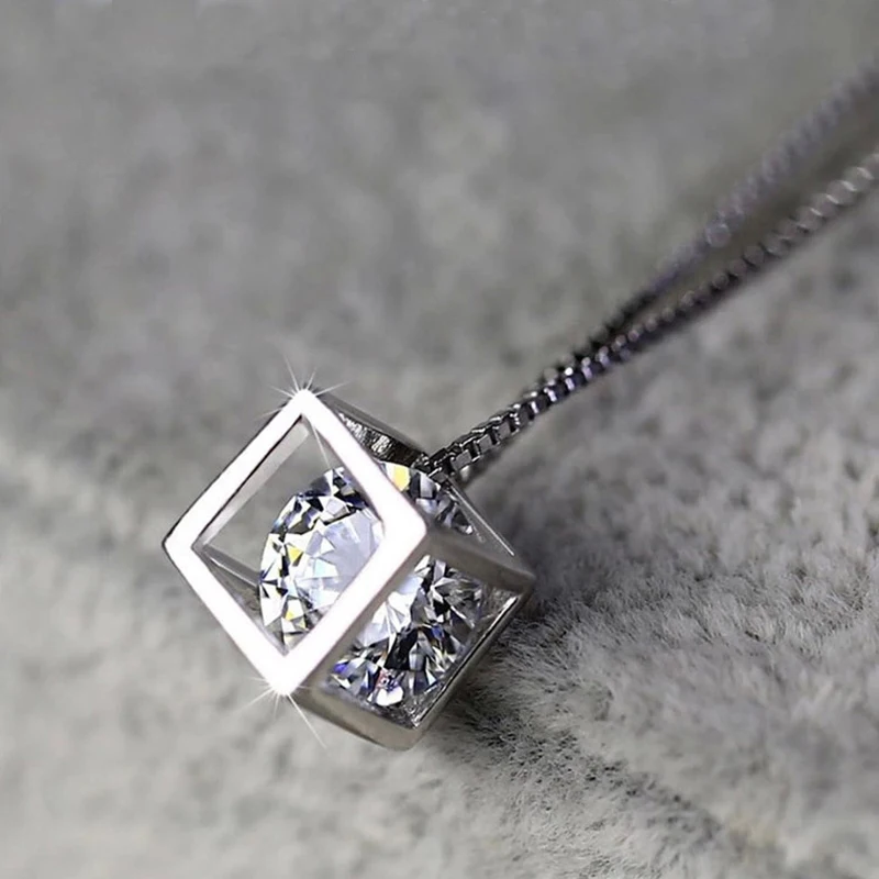 Серебряное Ожерелье Куб Кристалл циркония ожерелье s& Кулоны для женщин ожерелье Мода 925 ювелирные изделия