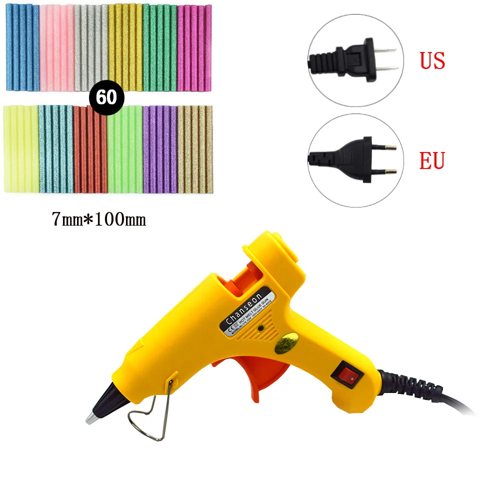 Chanseon 20 Вт ЕС/США термоплавкий клеевой пистолет с 7 мм Клей-карандаш промышленные мини-пистолеты термо электрическая температура тепла DIY инструмент - Цвет: 60pcs 7mm Glue Stick