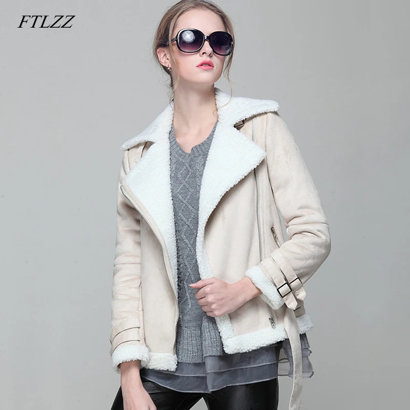 FTLZZ Women Faux Lamb Leather Jacket Autumn Winter Short