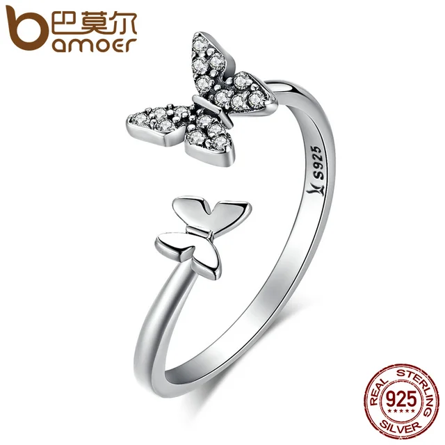 BAMOER Hot Sale 925 Sterling Silver Dazzling CZ Butterfly Open Finger Ring for W BAMOER Hot Sale 925 Sterling Silver Dazzling CZ Butterfly Open Finger Ring for W
