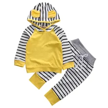 Комплект одежды из 2 предметов для маленьких мальчиков и девочек, толстовка с капюшоном с рисунком+ полосатые штаны, высококачественный комплект одежды для новорожденных