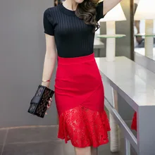 Для женщин юбка Кружево лоскутное Высокая Талия корейский Stlye эластичные карандаш Русалка Юбки для женщин пикантные большой Размеры женская одежда 5xl s2808