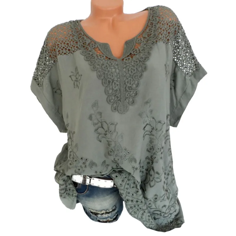 Puimentiua 5XL زائد حجم النساء الدانتيل القمصان مثير الجوف خارج الأعلى تيز فام عارضة Camisa Blusas قصيرة الأكمام دروبشيب 2019