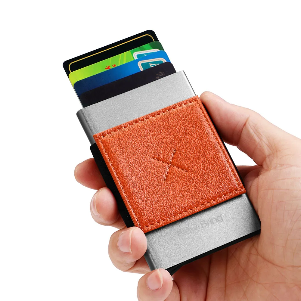 

NewBring Auto Pop-Up Aluminium Credit Card Holder Metal RFID Blocking Leather Money Cash Coin Wallet