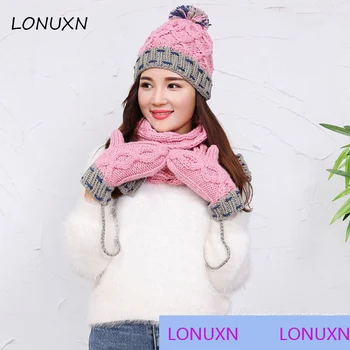 

3 pieces/lot 3 colors Korean winter color matching with cashmere wool scarf+ hat+ gloves suit all-match new warm and comfortable