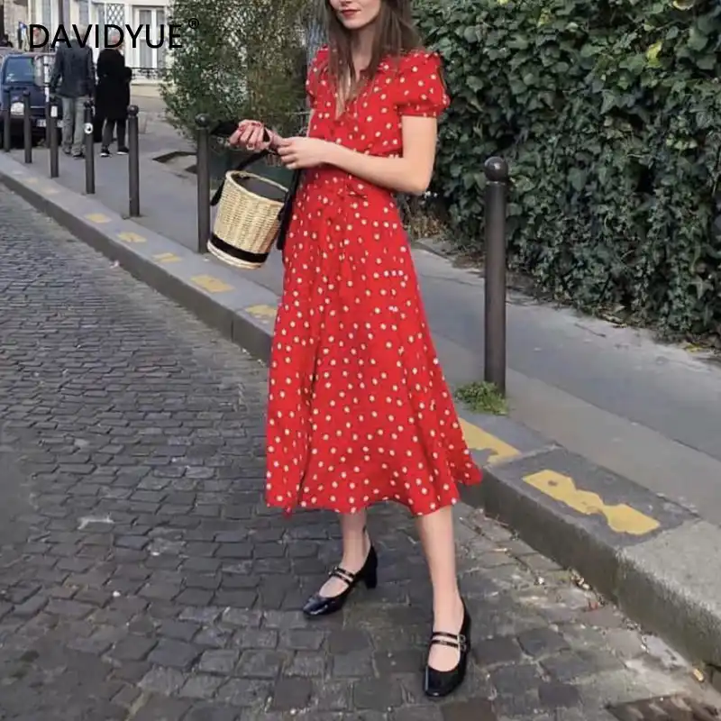 red wrap dress polka dot