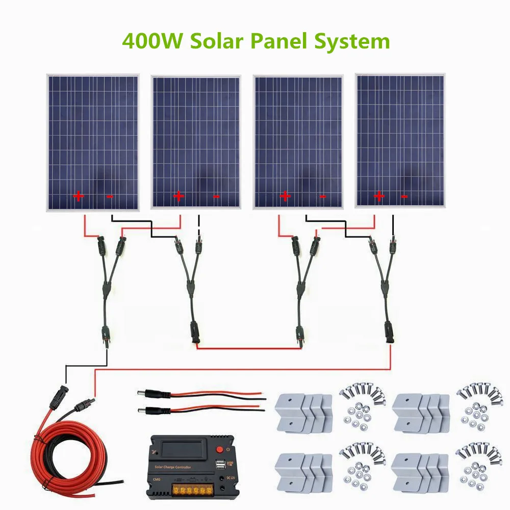

400W Solar System Kit 4 x 100W Solar Panel 20A Temperature Regulator for Home RV Off Grid System