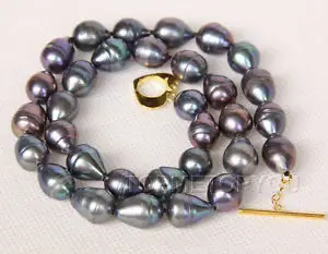 

luster 17" 14mm natural Freshwater black rice pearls necklace filled gold clasp
