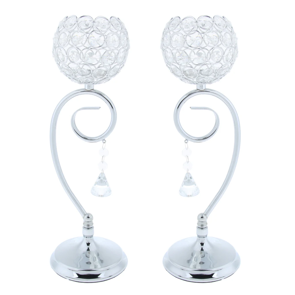 Crystal Effect Tea Light Candle Holder Globe Bowl Wedding Table Top Votive Lighting Fixtures Silver 35cm 2-set	