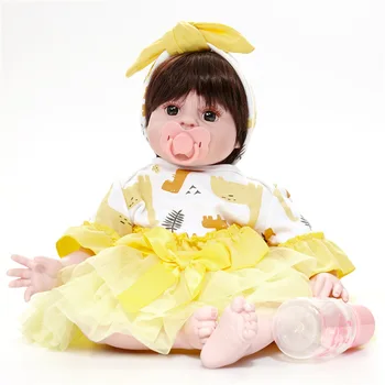 

50cm Handmade Lifelike Baby Boy Doll Silicone Vinyl Reborn Toddler Dolls Real Newborn Yellow Clothes Black Hair A-206