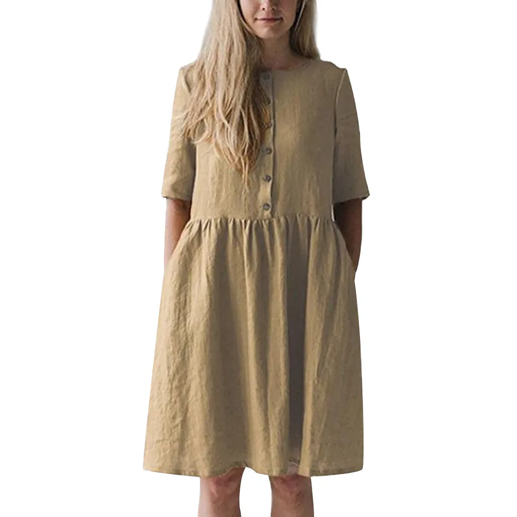 

2019 Women Casual Dress Solid Color O-Neck Half Sleeve For Women Dress Elegant Knee-Length Dresses With Button #TL