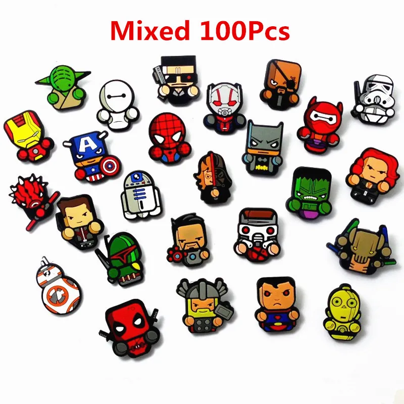 

100PCS Anime The Avengers Super Hero Flatback PVC DIY Decoration Fit Bracelets/Phone Case DIY Charms Kids Craft Mix 26 Styles