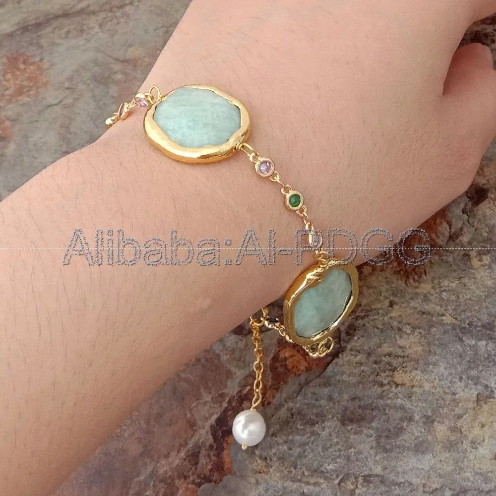 

8'' Yellow Golden Plated Amazonite White Pearl Crystal Chain Bracelet