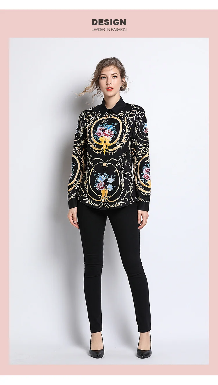 Новинка, весенне-летняя дизайнерская модная блуза, женская рубашка с цветочным рисунком, офисные Элегантные Вечерние черные топы