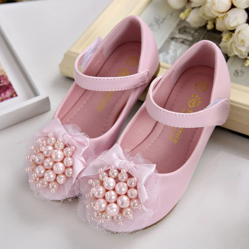 IYEAL/детская обувь для девочек; обувь на плоской подошве; Свадебная обувь с бусинами и жемчужинами; детская обувь для вечеринок; дышащая обувь с бантом из коровьей кожи; цвет белый, розовый - Цвет: Розовый