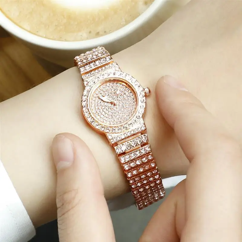 Новые модные часы-браслет для Для женщин диаманта Bling Нержавеющая сталь женские кварцевые часы на запястье роскошные элегантные часы