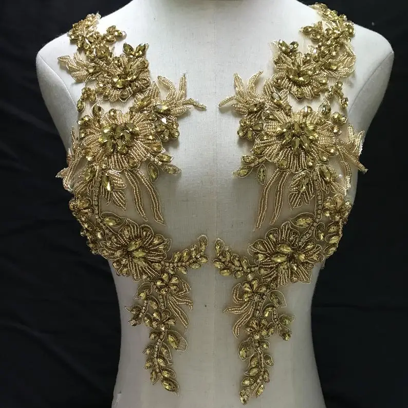 

Gold Rhinestone bodice applique crystal bodice applique for bridal, deluxe rhinestone bodice for haute couture, heavy bead hand
