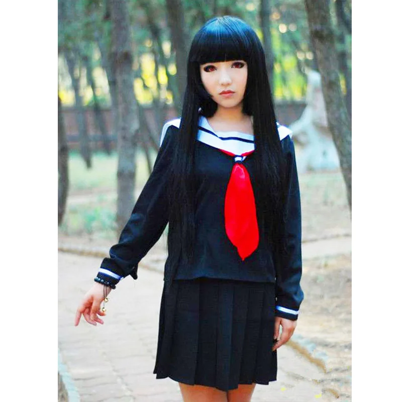 Coshome Anime Hell Girl Enma Ai Cosplay Costumes 100cm Long Wigs School Sailor Uniforms Halloween Party Women Black Dress (5)