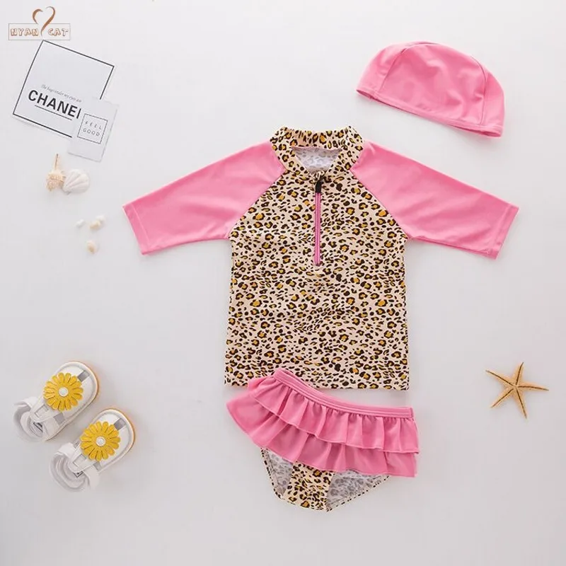 

Nyan Cat Drop ship NEW Kids Stylish Baby Girls 3pc Separated beachwear bath suit Swim hat Leopard Tankini Baby Swimming suit