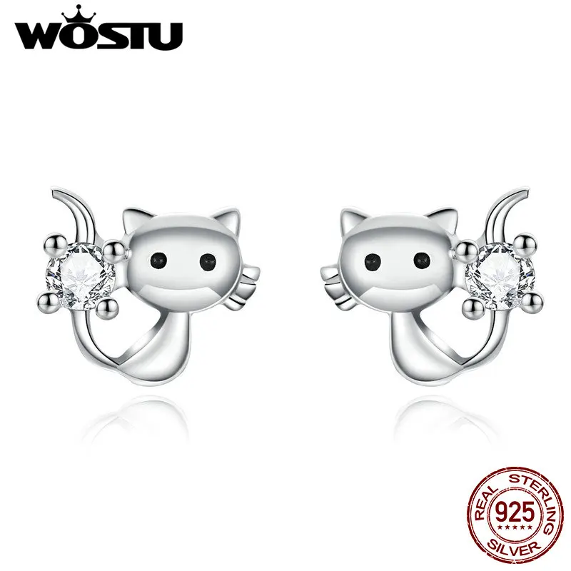 

WOSTU Real 100% 925 Sterling Silver Stud Earrings Lovely Cat Small Earrings For Women Wedding Engagement Jewelry CTE246