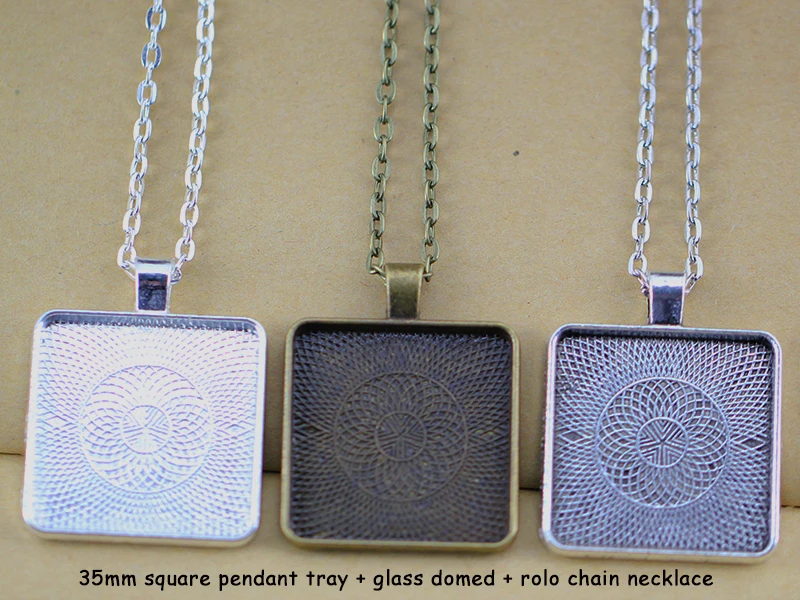Pendant Necklaces Kits Square Pendant Trays Setting 35mm Blank+3x4 24