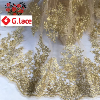 

GLace 1Y/Lot Golden car bone lace embroidered fabric soft mesh fabric wedding accessories car bone lace embroidery fabric TX185