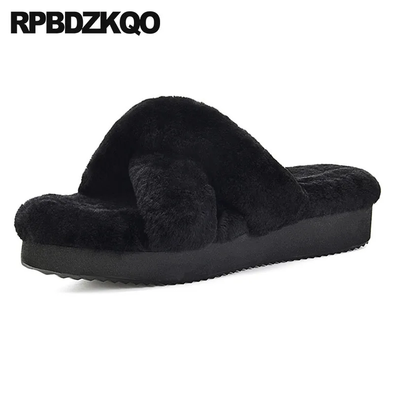 

slippers wool platform flatforms slides plus size sheepskin winter black big real fur furry woman shoes luxury brand runway 2018