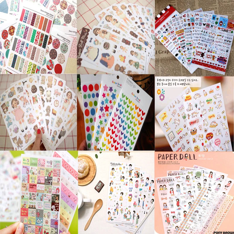 (1 Lot=6 Sheets) DIY Scrapbooking Paper Stickers Cute Doll Stickers