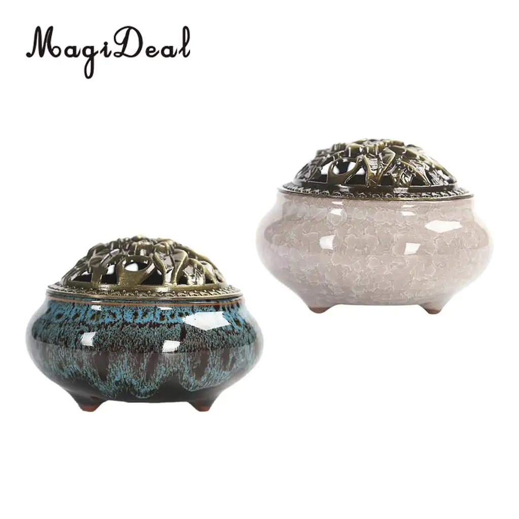 2x Ceramic Incense Burner Porcelain Incense Cones Joss Stick Holder Chinese Retro Handmade Censer with Flower Statue Alloy Cover