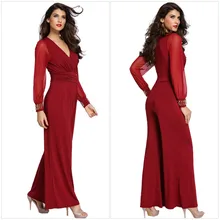 Новое поступление Мода Глубокий v-образный вырез женские украшенные манжеты длинные сетчатые рукава Свободный спортивный костюм Леди Клубная одежда для вечеринок комбинезоны