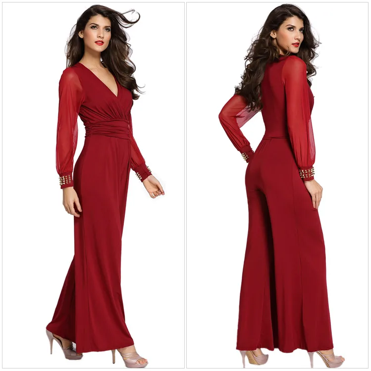 

New Arrival Fashion Deep V-neck Women Embellished Cuffs Long Mesh Sleeves Loose Jumpsuit Lady Club Party Wear Rompers