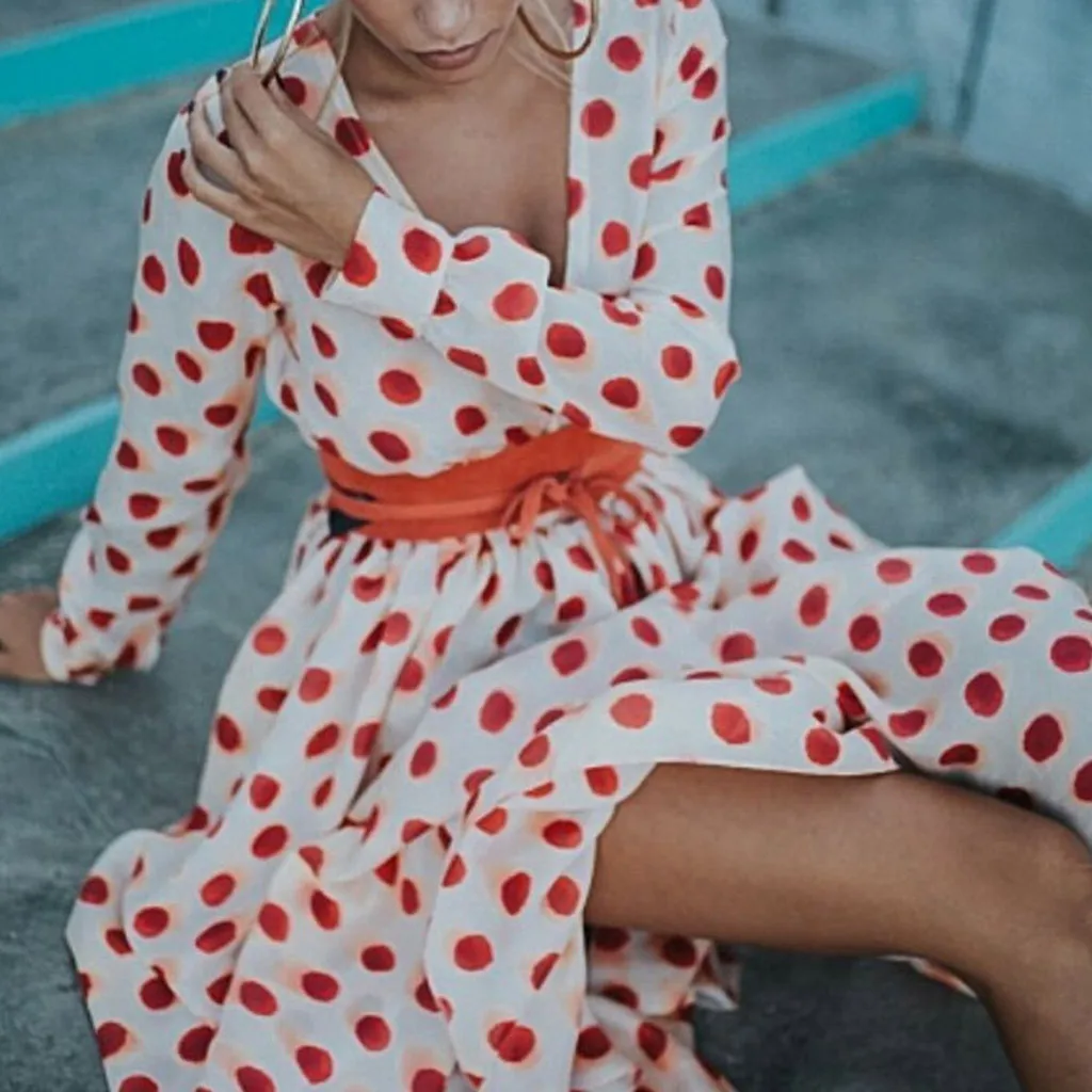 Original Women Casual Long Sleeved Dot Printed Belt Ruffled Loose Long Maxi Party Dress dresses woman party night Dropship 30