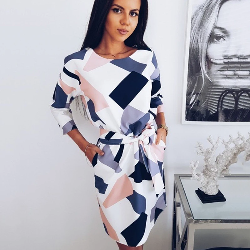 

2019 Geometric Printed Sashes Pockets Spring Dress Woman Three Quarter Sleeves O-Neck Fall Casual Loose Straight Mini Dresses