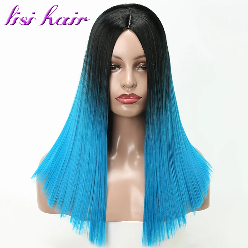Лизи Волосы средней длины парик прямые синтетические парики для женский, черный эффектом деграде(переход от темного к цвет голубой, темно-синий; 16 дюймов Термостойкое волокно