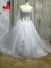 New White Plus Size Wedding Dresses 2017 Long Sleeve Ball Gown Tulle Lace Appliques Bridal Gown with Crystal Vestido de noiva