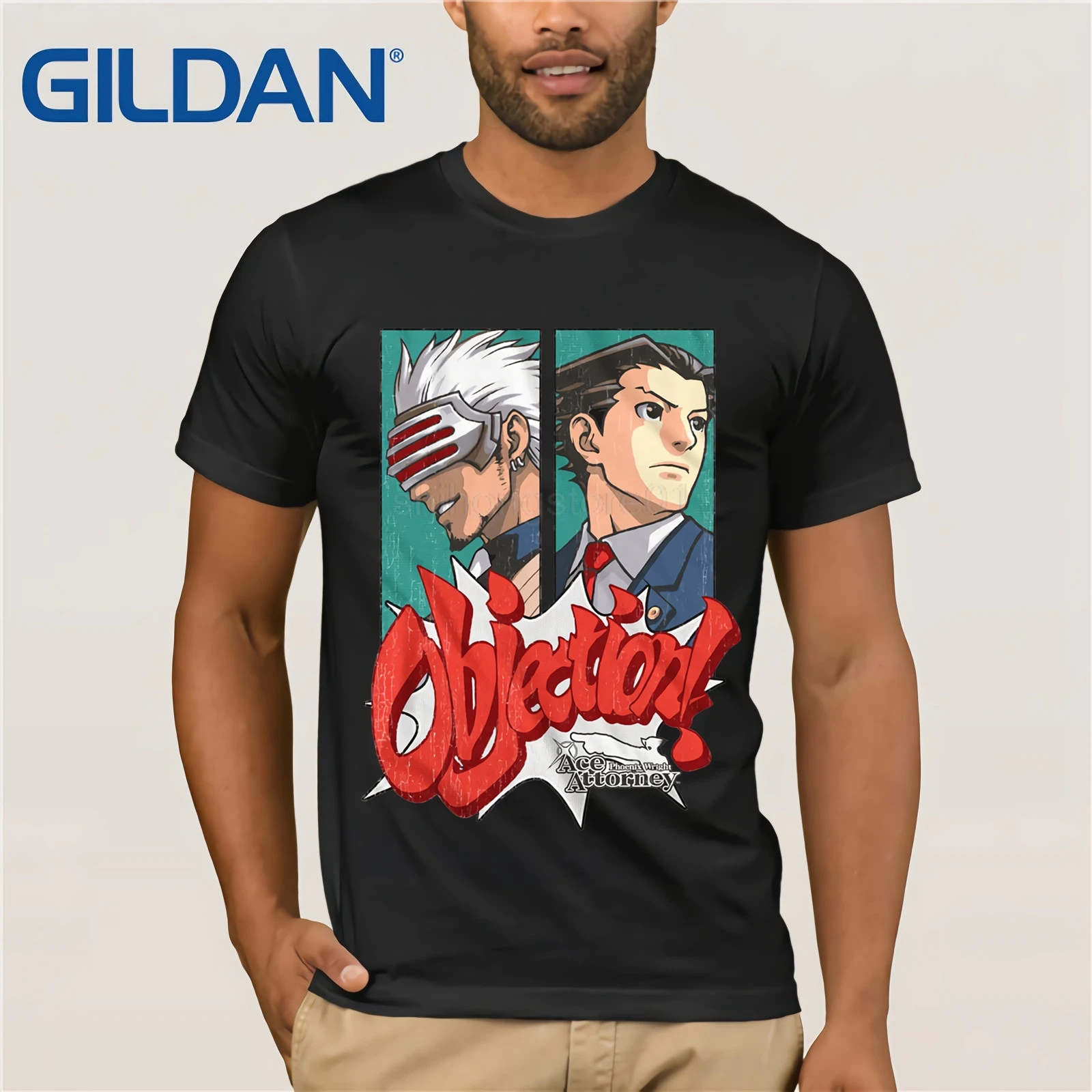 

Ace Attorney T-Shirt Phoenix Wright Objection White Tee Tshirt Men Black Short Sleeve Cotton Hip Hop T-Shirt Print Tee Shirts