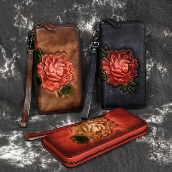 

Woman Genuine Leather Wallet Handmade Long Purse Vintage Solid Cowhide multiple Card Holder Retro Clutch Fashion Standard Wallet