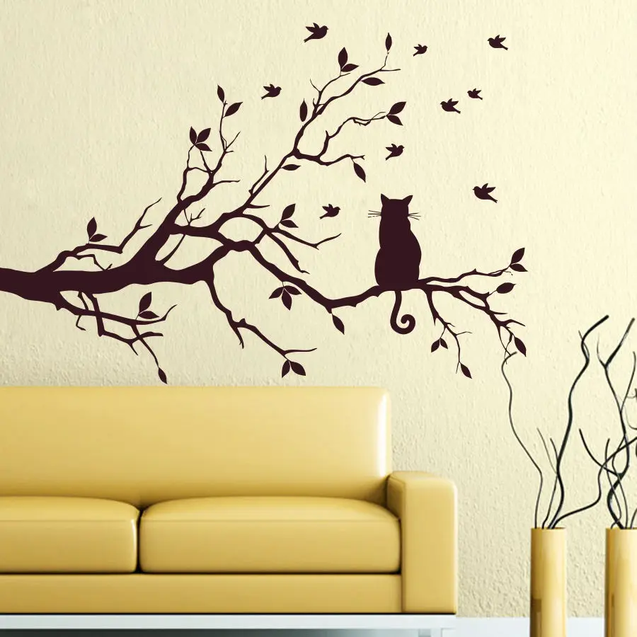 

YOYOYU Vinyl Wall Decal Tree Alone Cat Animal Art Bedroom Simple Sad Many Birds Stikers For Wall Decoration FD005