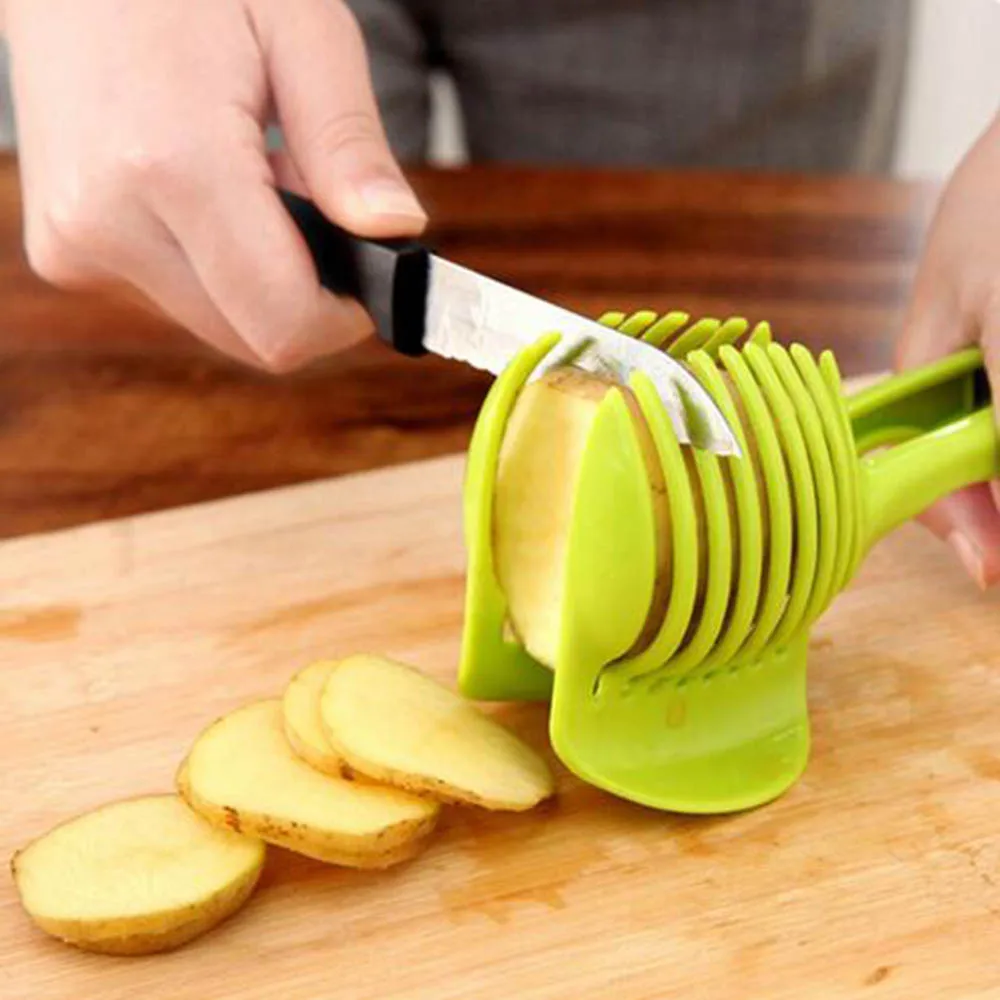 

Plastic Green Manual Slicers Tomato Slicer Fruits Cutter Tomato Lemon Cutter Assistant Lounged Cooking Holder Kitchen Tool 100gF