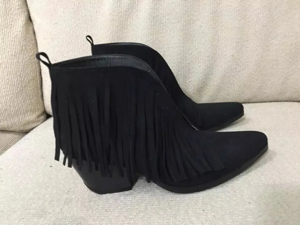 Retro Fringe Boots Flock Chunky Ankel Boots Leather Blue Women Middle Heel Ankle Booties Woman Spring Autumn Tassel Short Boots 