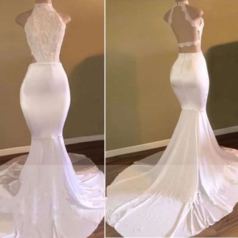 

White Lace Sexy Backless Prom Dresses 2019 African Black Girls Long Vestido De Festa Formal Evening Gowns for Party Gowns