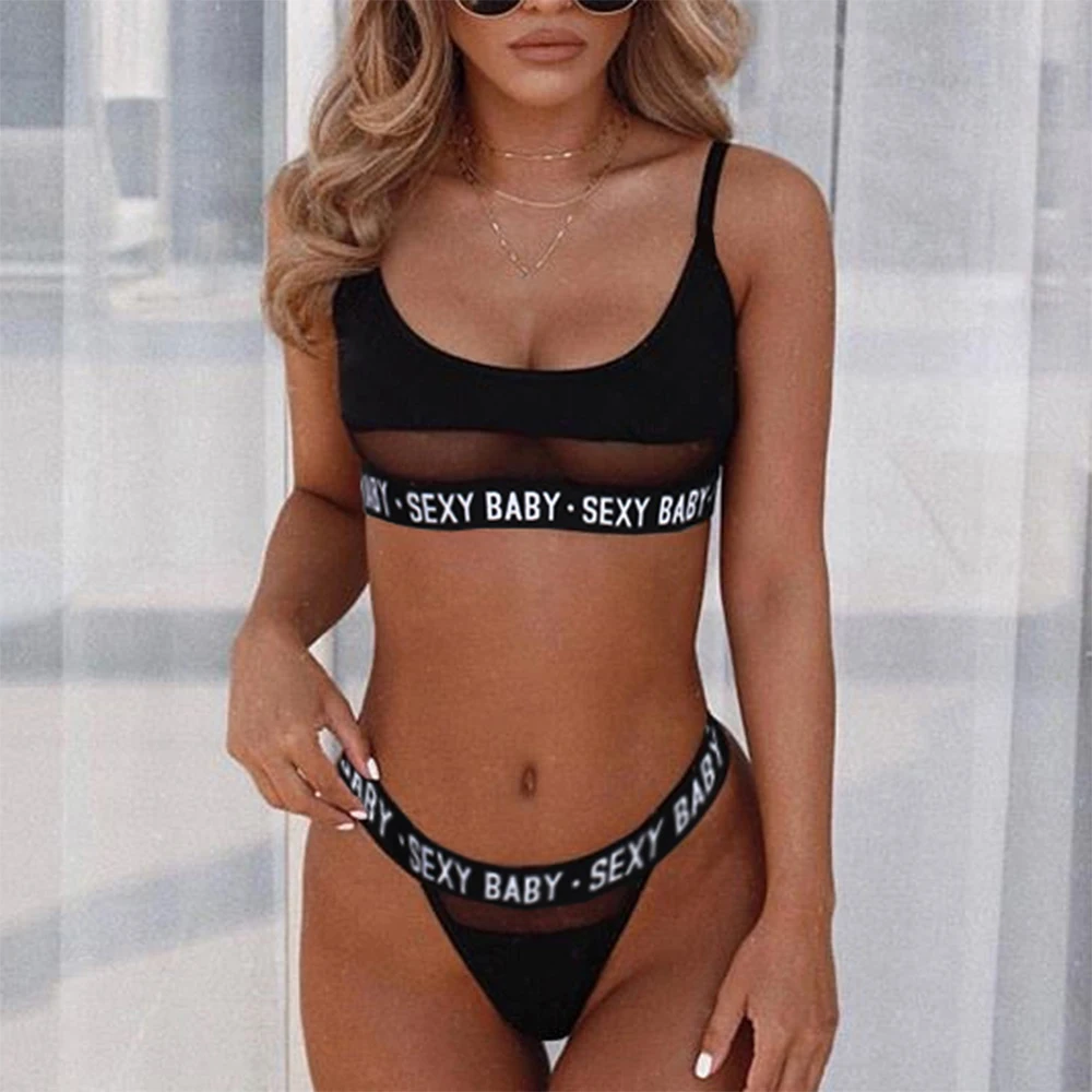 

Letter Design Women Sexy Patchwork Lingerie Set Fashion See-through Push Up Tops Bra+G-string Panties Set Summer Beach Wear