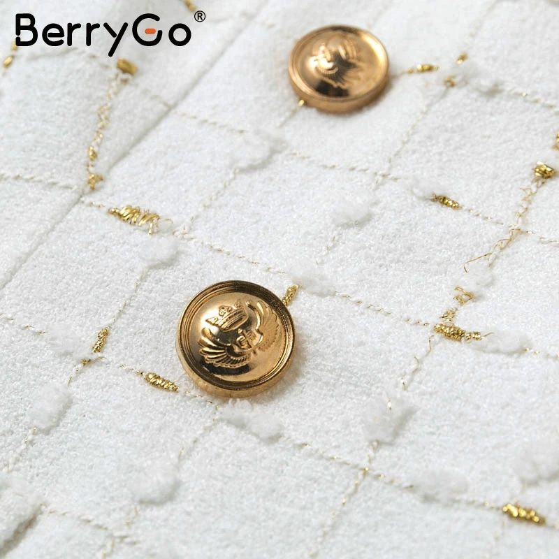 BerryGo Повседневный Шикарный белый клетчатый женский Блейзер двубортный офисный Женский Осенний Рабочий костюм женский Блейзер Пальто Верхняя одежда Куртка