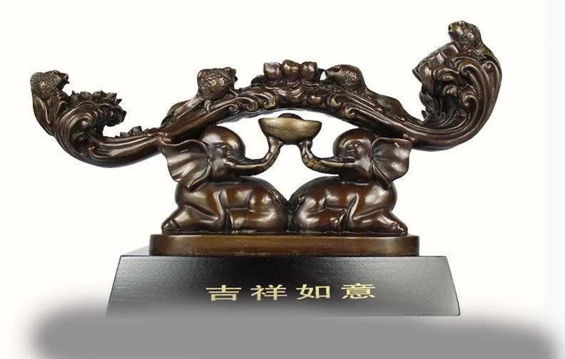 

Lucky China Bronze copper Home Feng Shui Two elephant Yuan Bao auspicious Ruyi